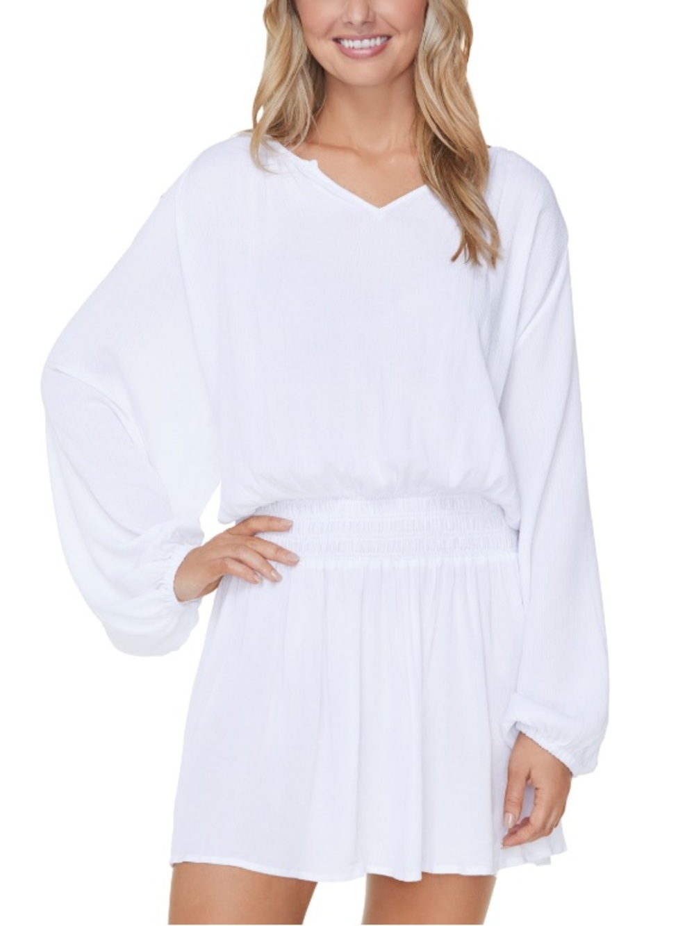 Raisins White Smocked Waist Long Sleeve Beach Cover-Up Mini Dress XL